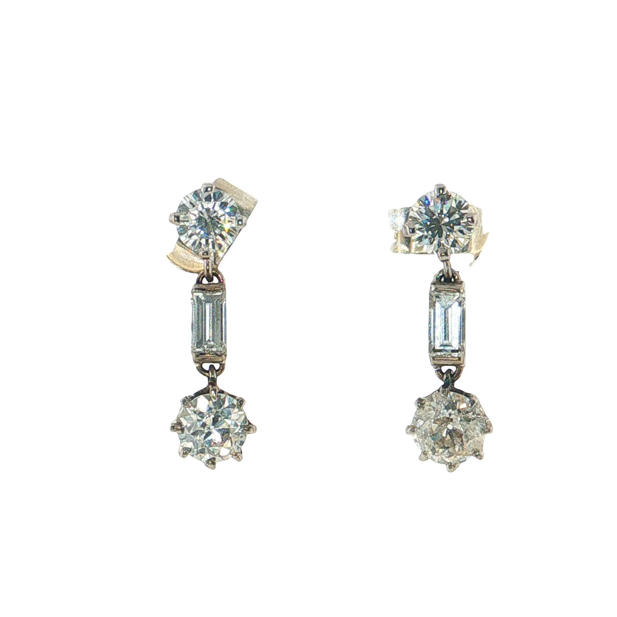 Pair of Diamond Three-Stone Ear-Pendants