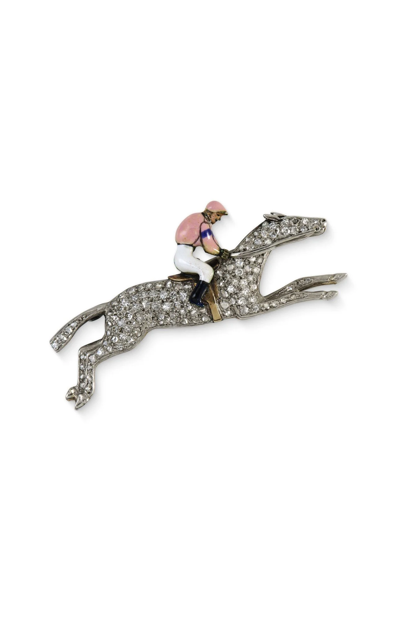 Edwardian Enamel and Diamond Horse and Jockey Brooch