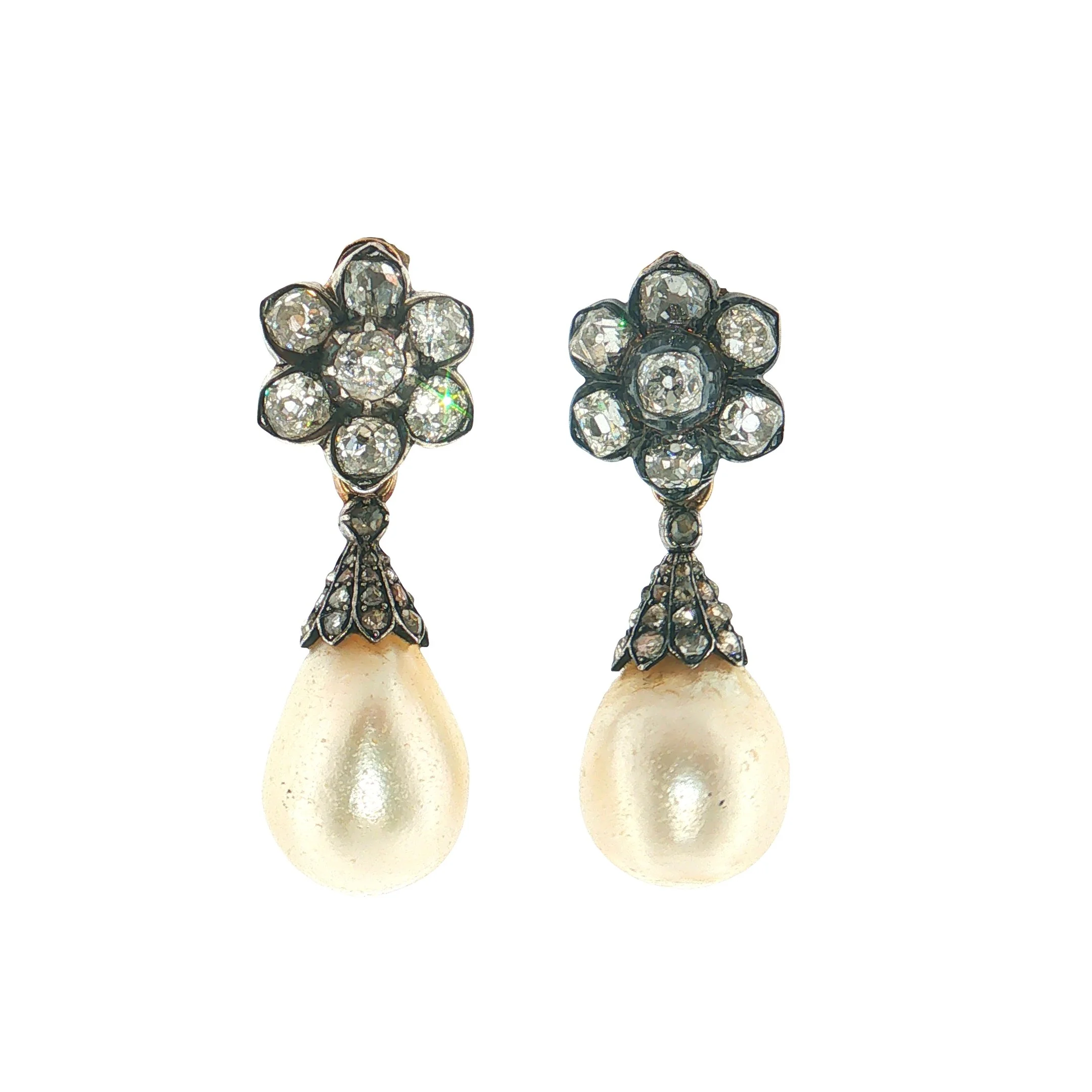 Pair of Natural Pearl and Diamond Ear-Pendants