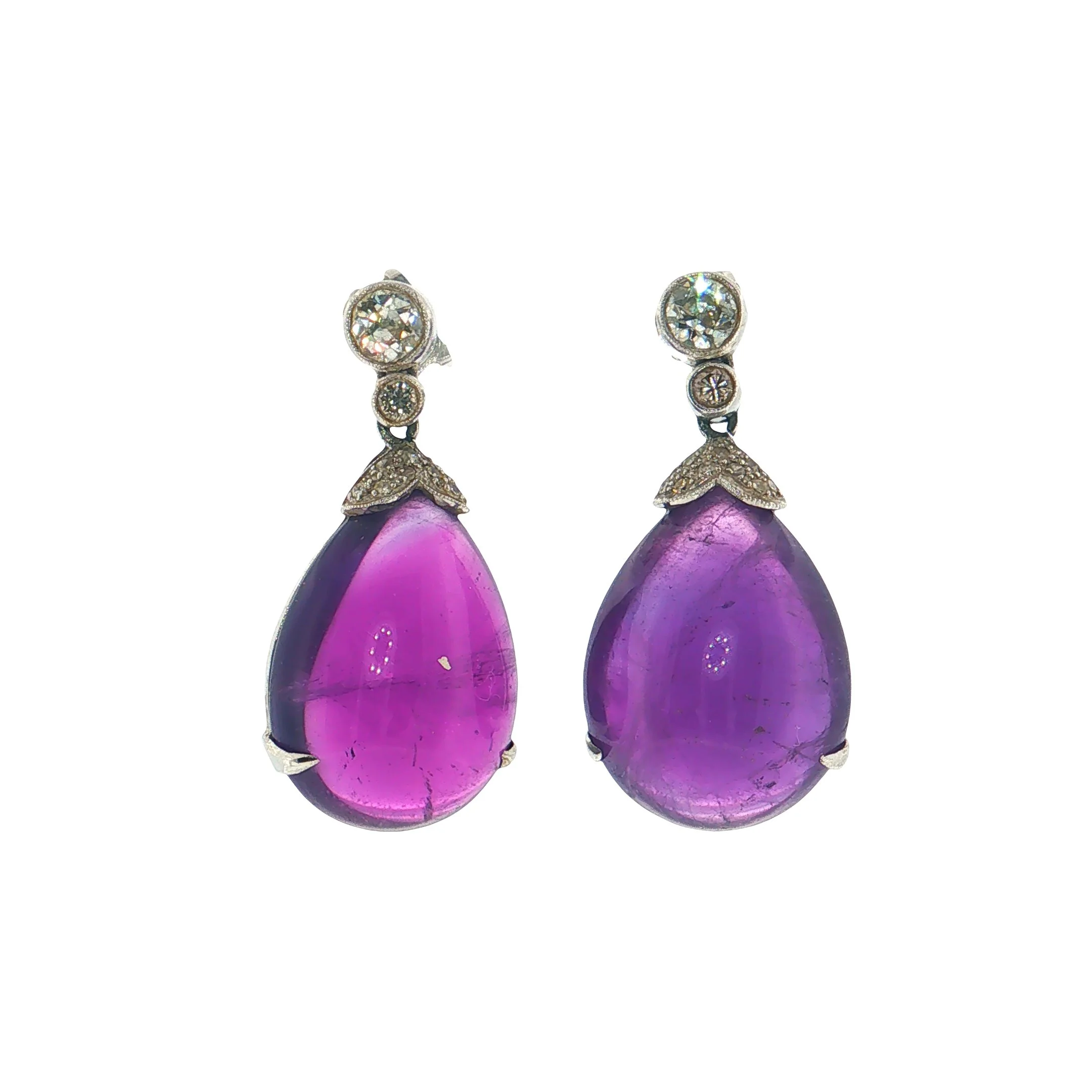 Pair of Cabochon Amethyst and Diamond Ear-Pendants