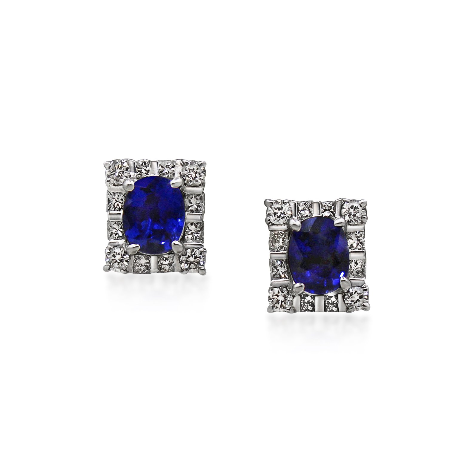 Pair of Sapphire and Diamond Square Cluster Earclips