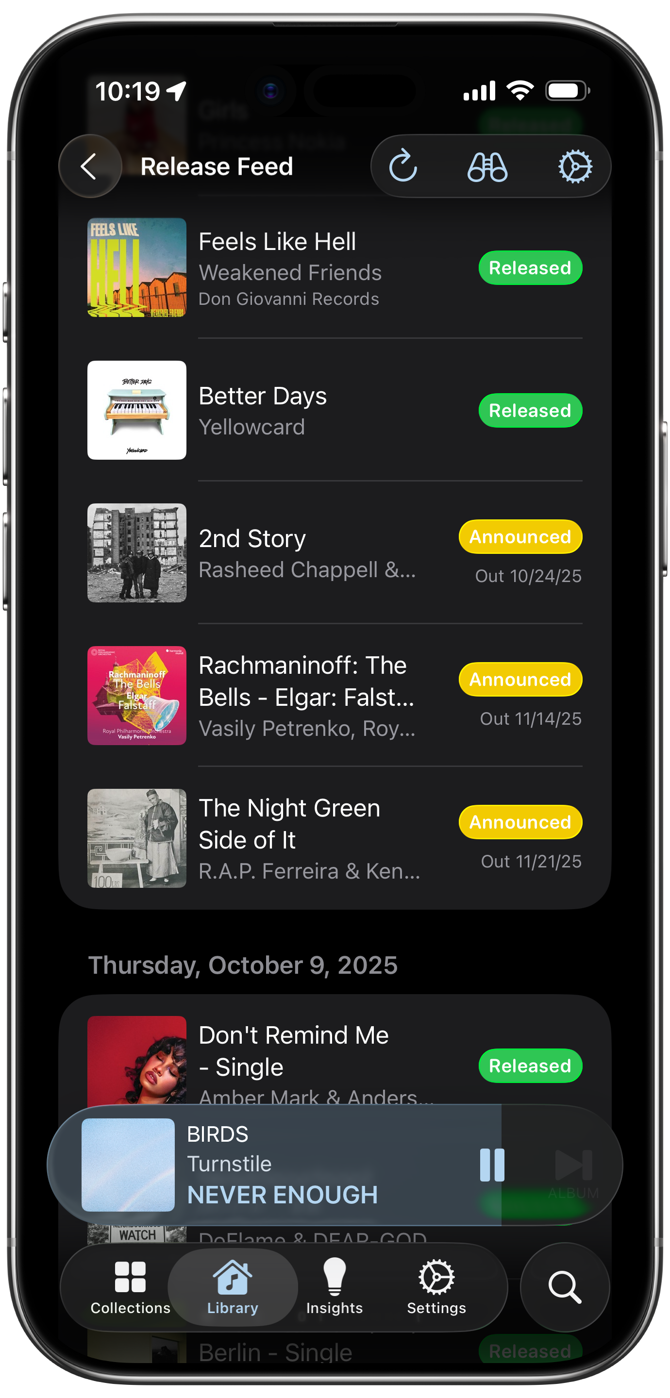 Albums release feed on iPhone