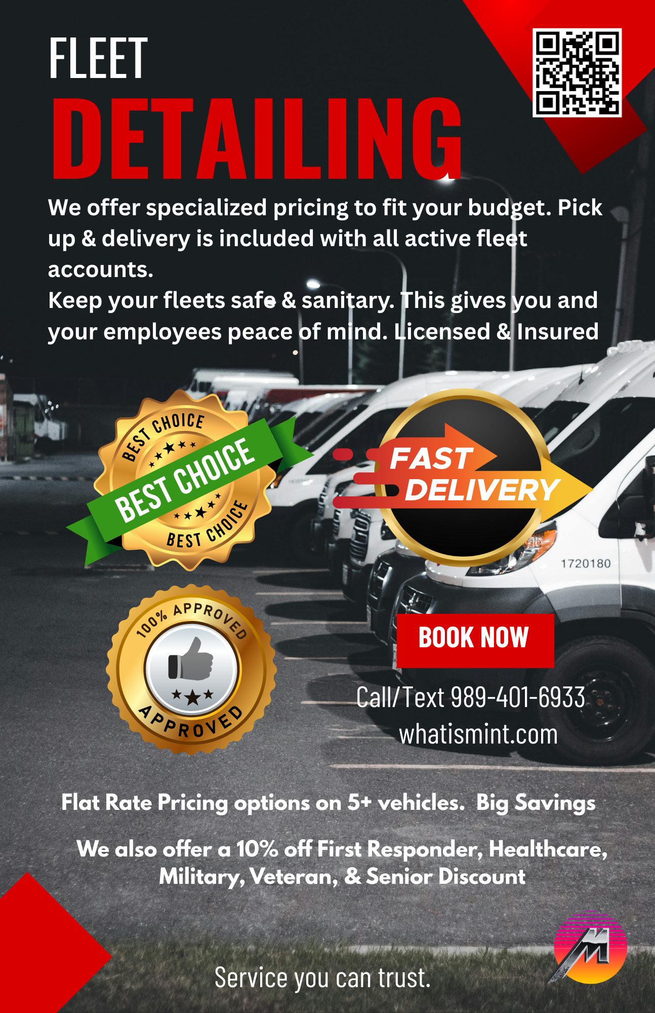 Flyer advertising fleet detailing services with a background of parked white vans at night. Text highlights price options, discounts for first responders, and contact information, featuring logos for best choice, approval, and fast delivery.