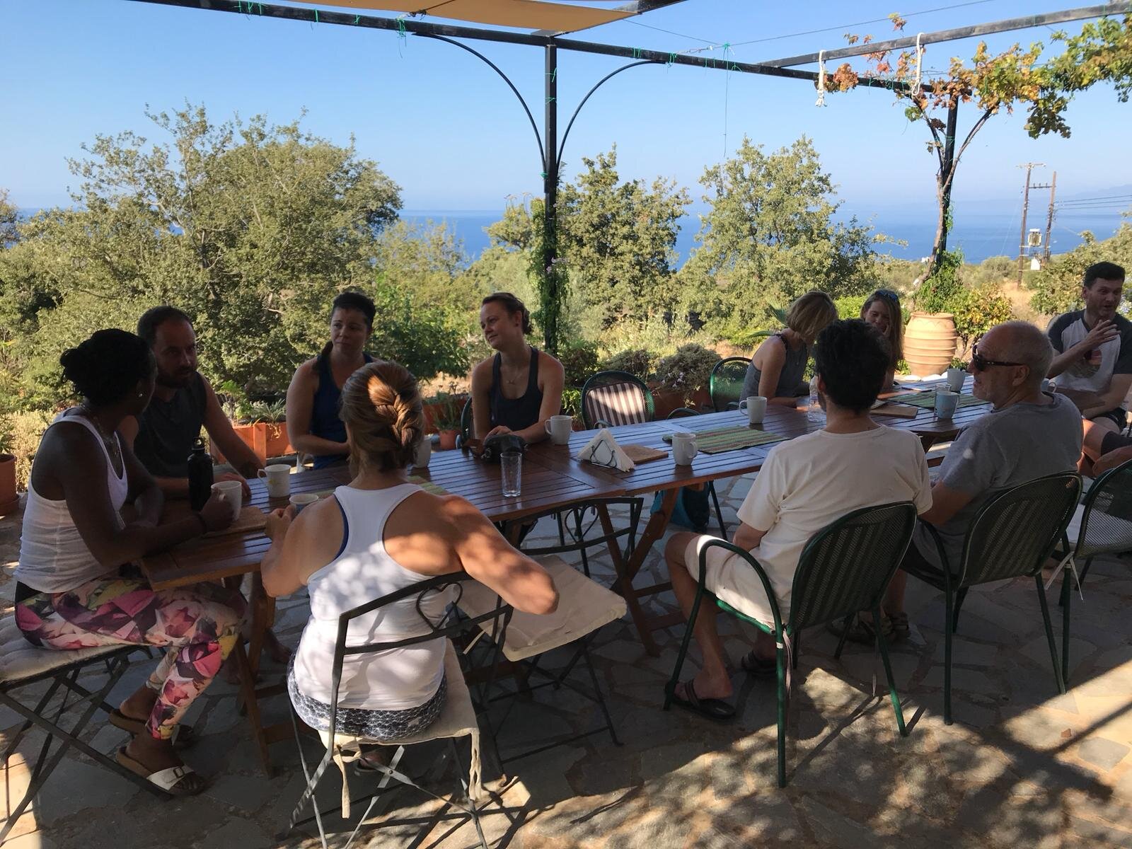 Yoga participants having breakfast with ocean view