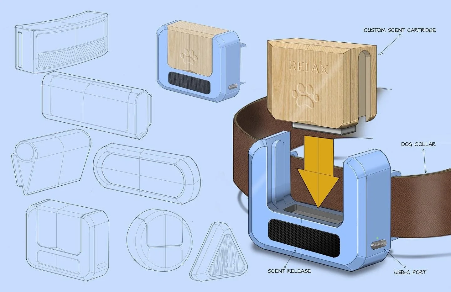 Smart Scent Dog Collar:
🐶🐾

This concept allows dog owners to plug in scent cartridges into a smart dog collar. 

Dog Appeasing Pheromones (DAP&rsquo;s) are used to help calm dogs with anxiety.

The scent can be dispersed on a schedule or by the pe