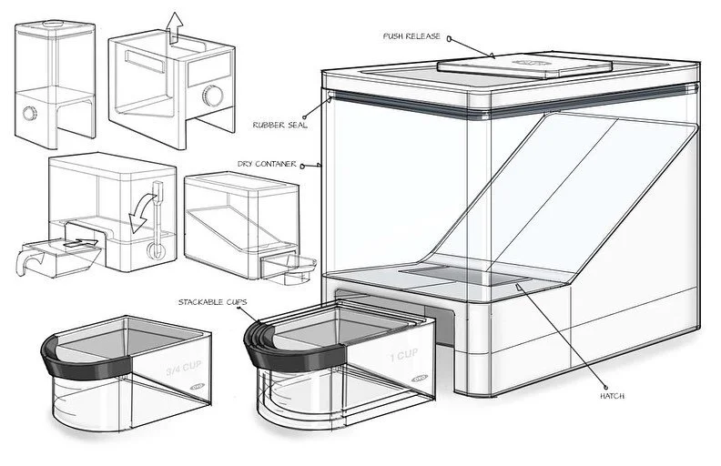 OXO inspired portioned dispensing dry goods container-

This concept allows a custom measuring cup to be placed under the container allowing the perfect portion to be dispensed for all your dry goods in the kitchen

#oxo #studentdesign #sketching #co