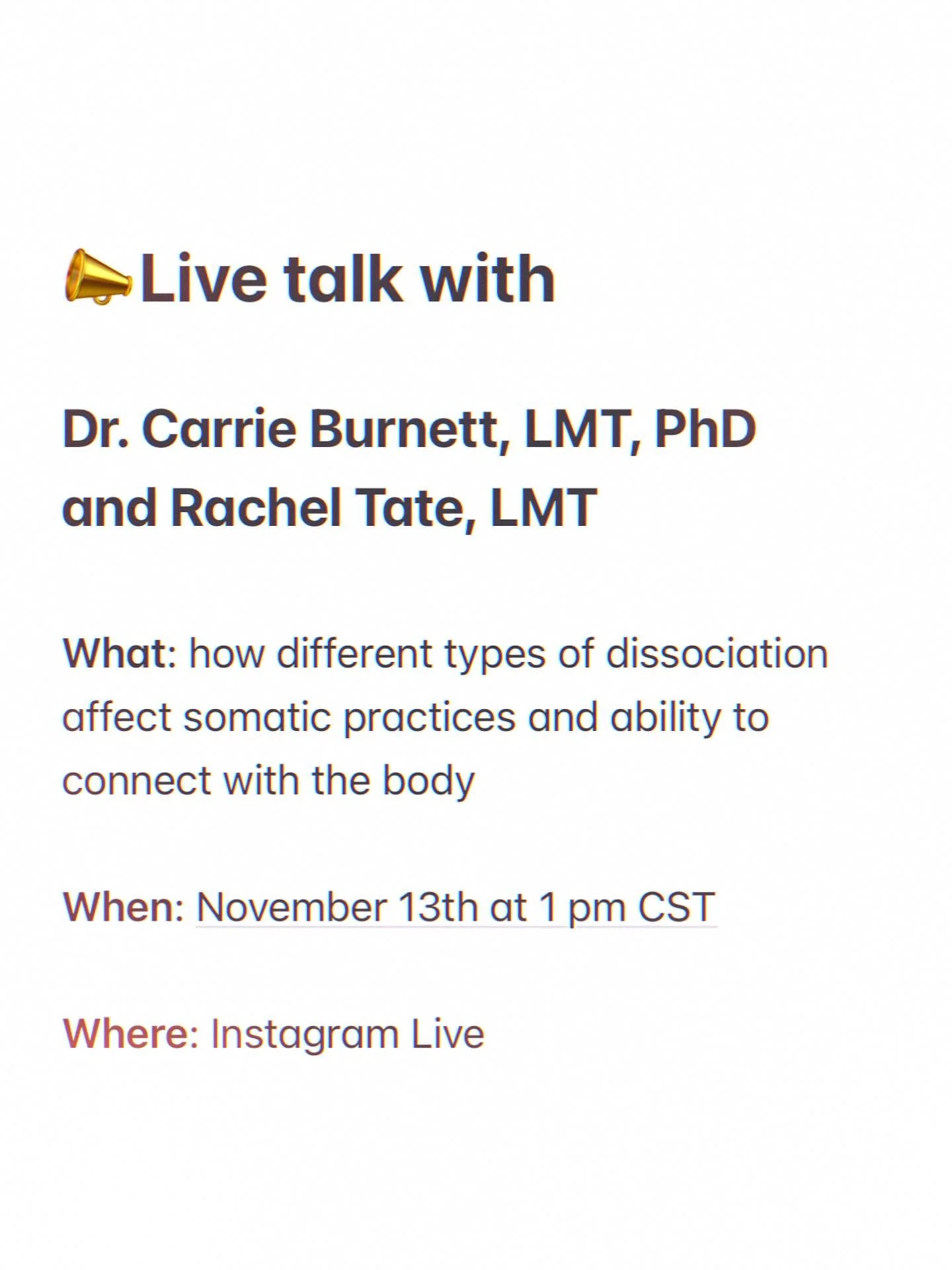 Save the date and join @carrieburnettlmt and @earthbodysomatics this Thursday November 13th, for a chat about somatics, dissociation, and the spaces in between.

🌈🌈🌈