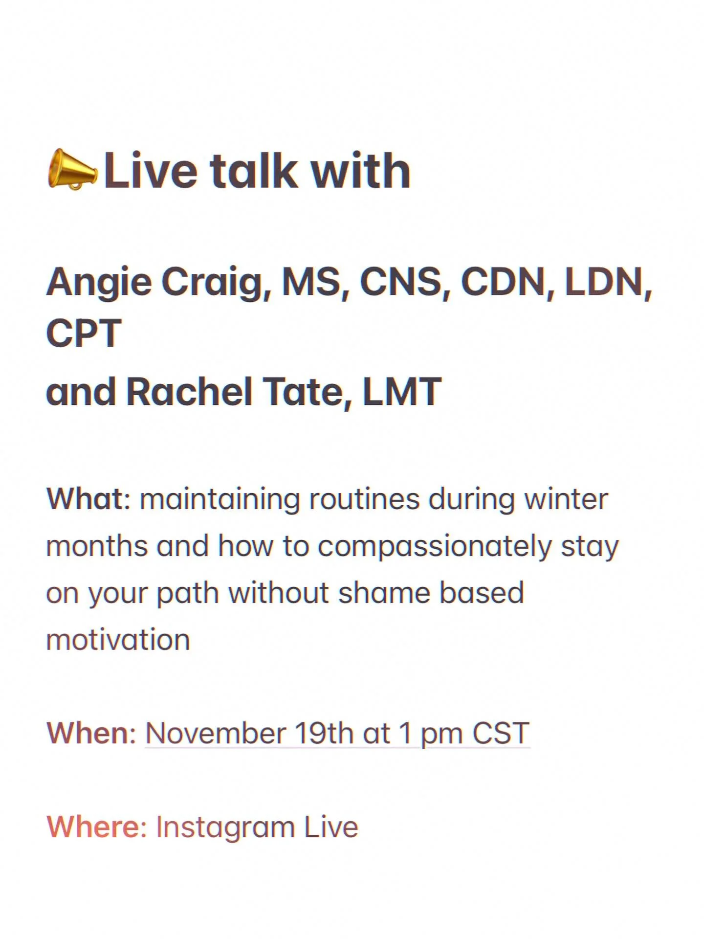 Save the date and join @angie_fitnesswellness and @earthbodysomatics this Wednesday November 19th, for a chat about winter routines, movement, and motivation.

❄️❄️❄️