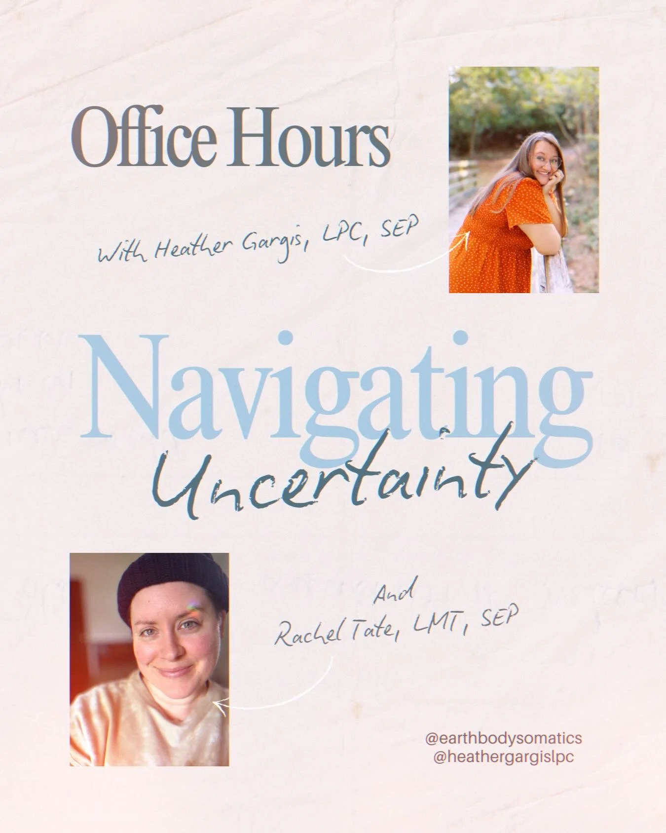 Introducing: Office Hours 📝

This is a free registration event that offers 60 minutes with somatic and healing professionals discussing related concepts, offering techniques, and inviting open conversation.

🗓️Next Friday: Join @heathergargislpc an