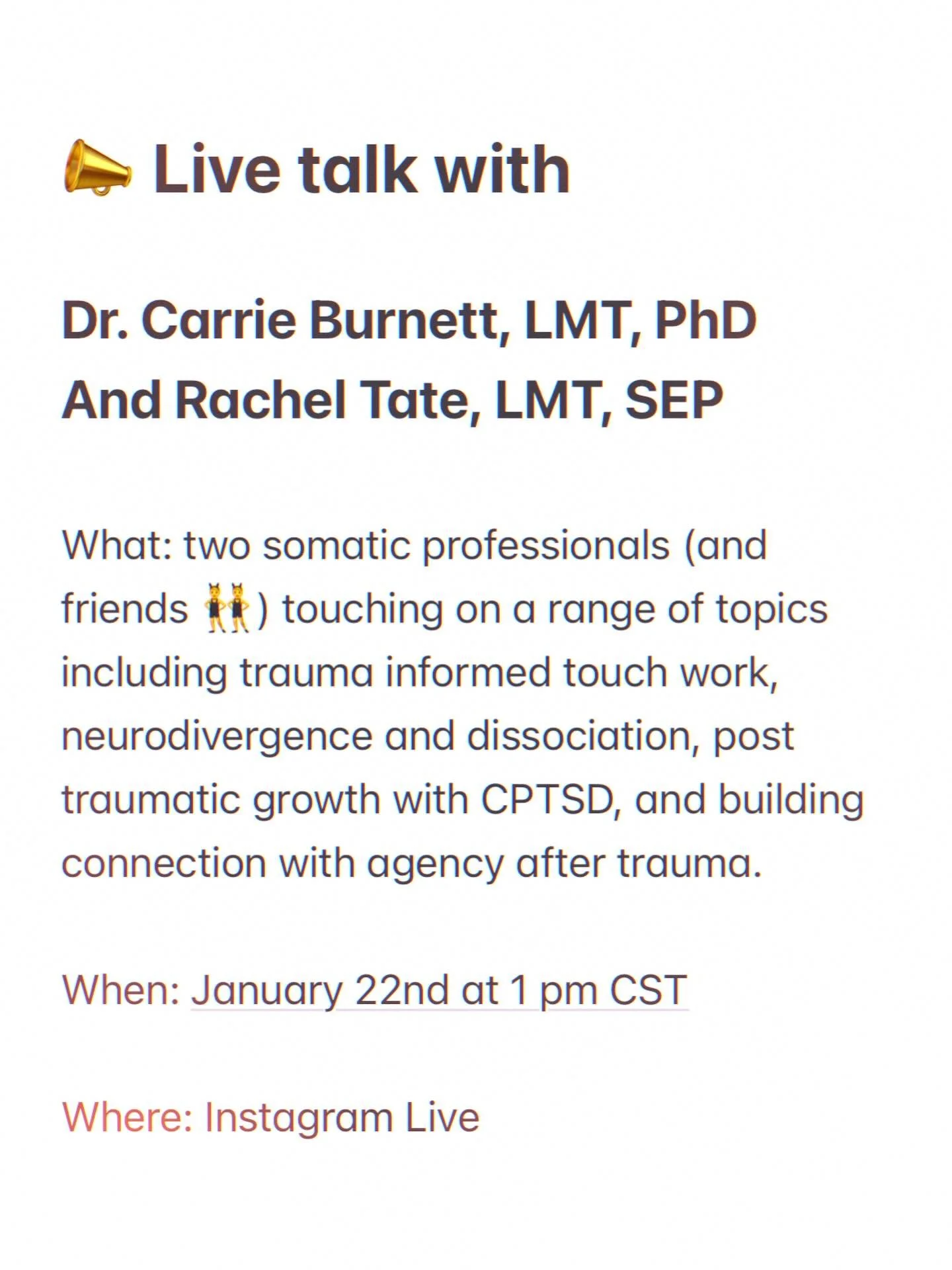 Save the date and join us @carrieburnettlmt and me @earthbodysomatics for an IG live this Thursday!

👯&zwj;♂️