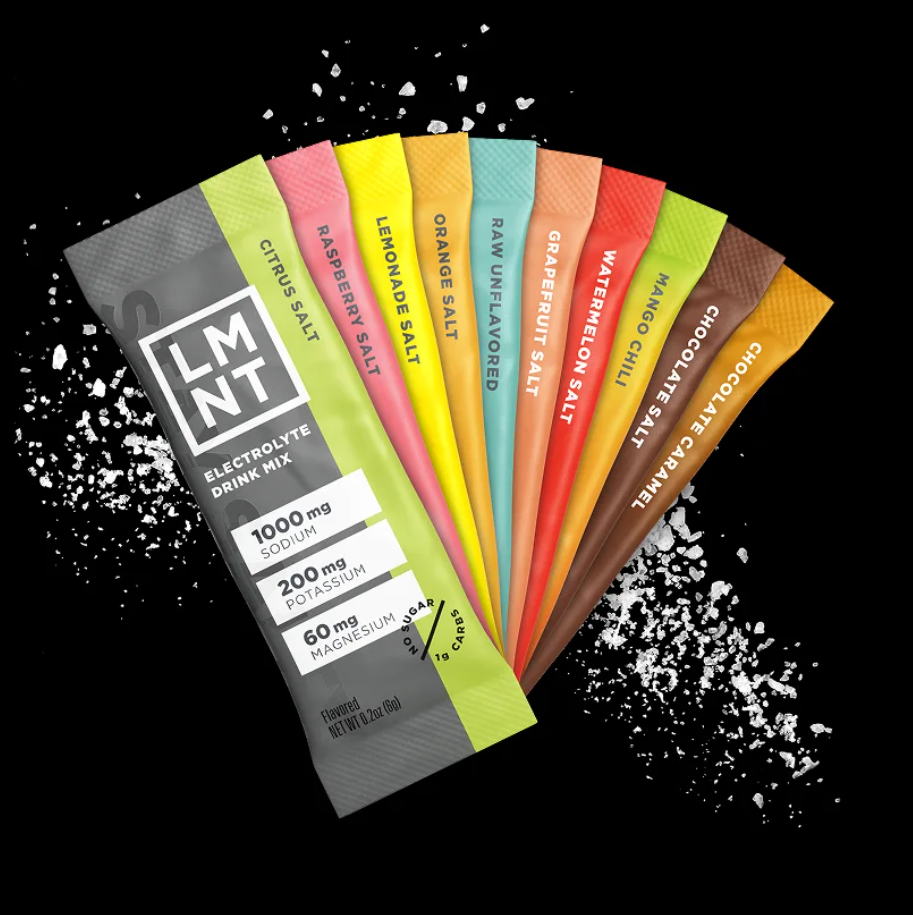 Colorful LMNT packages on a black background.
