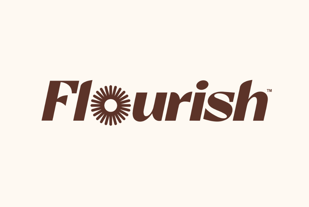Logo with the word 'FLOURISH' where the letter 'O' is represented by a sun icon
