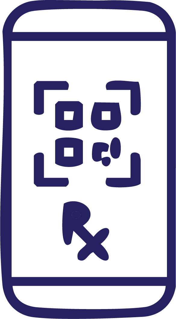 Line drawing of a smartphone displaying a face recognition or facial scanning interface with a QR code scanner icon at the bottom.