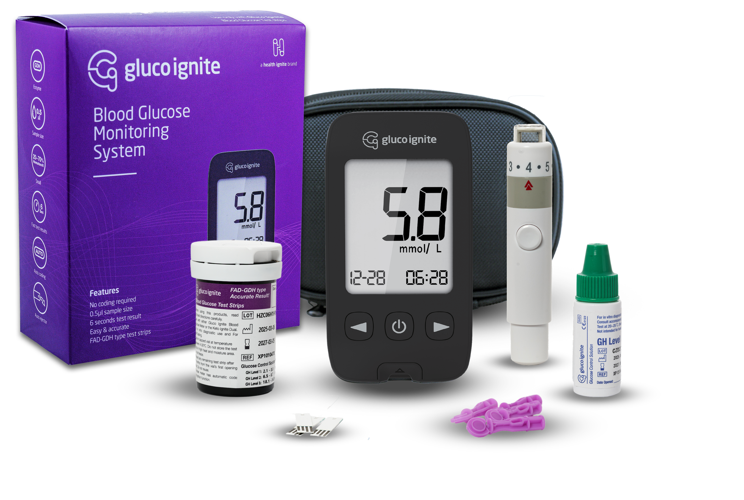 Blood glucose monitoring system with a purple box, blood test strips, a blood glucose meter displaying a reading of 5.8 mmol/L, a lancing device, and a bottle of control solution.
