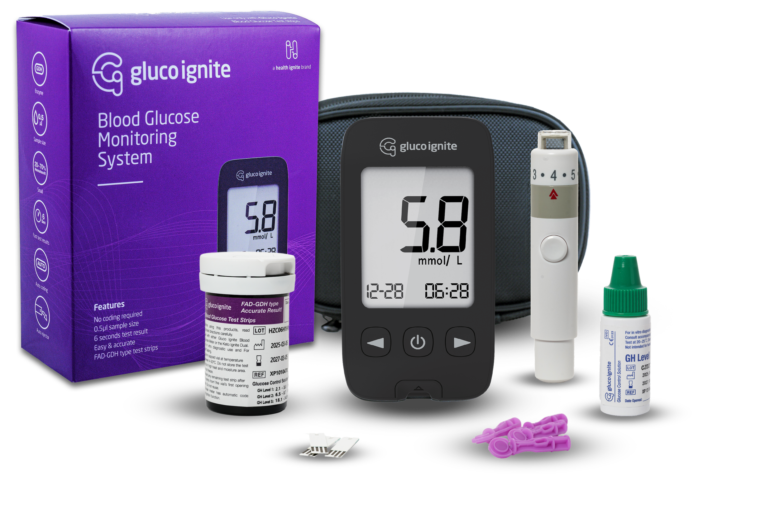 Blood glucose monitoring system components including a purple box, a blood sample collection tube, a blood glucose meter displaying 5.8 mmol/L, a lancing device, test strips, and lancets.