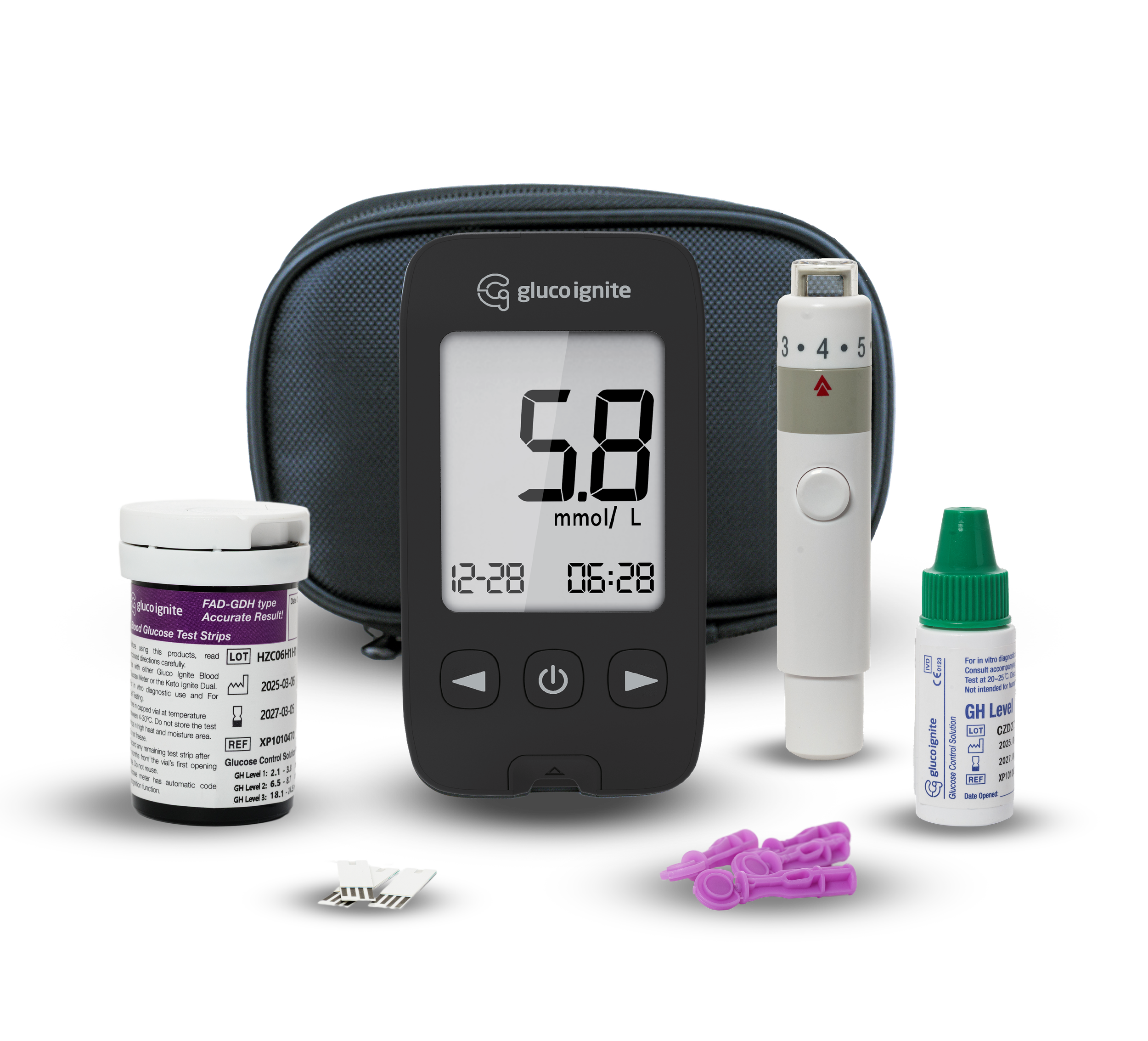Blood glucose meter displaying 58 mmol/L, with various diabetes testing supplies around it including test strips, insulin vials, and insulin pens.