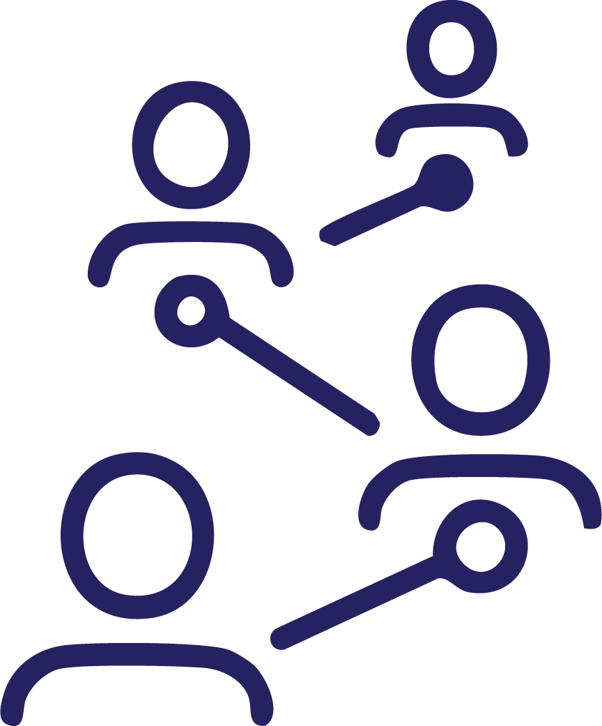 Icon representing multiple connected people with lines and circles indicating a network or social connection.