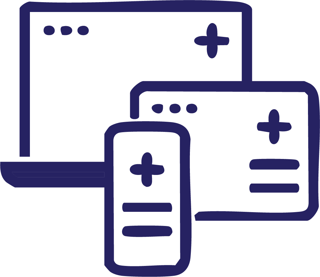Icons of a desktop computer, tablet, and smartphone with medical plus signs on each device.