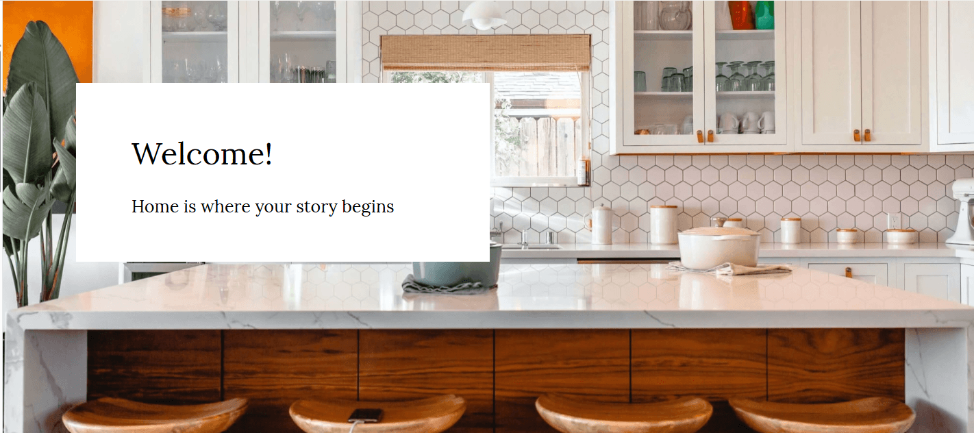 A Dubsado form header section showing a full-width kitchen background image with a white text box overlaid on the left side displaying a welcome message