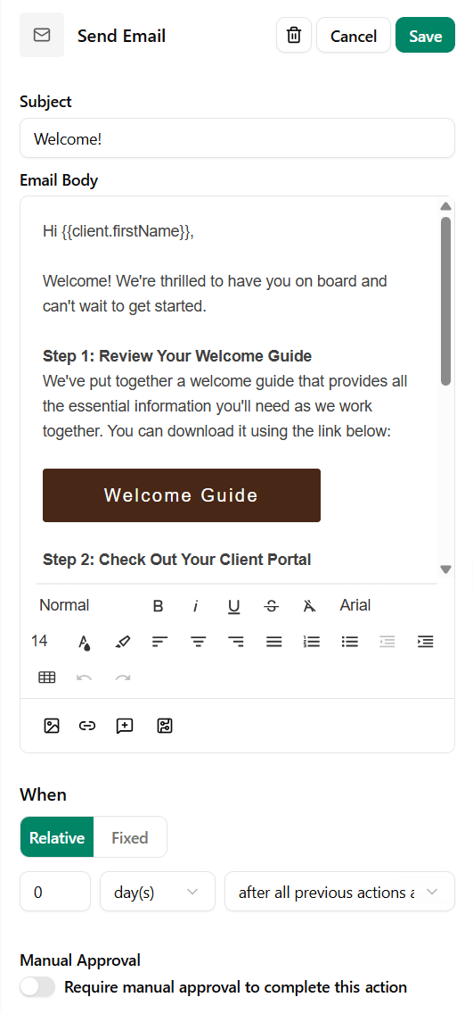 Send Welcome email using a workflow in Dubsado