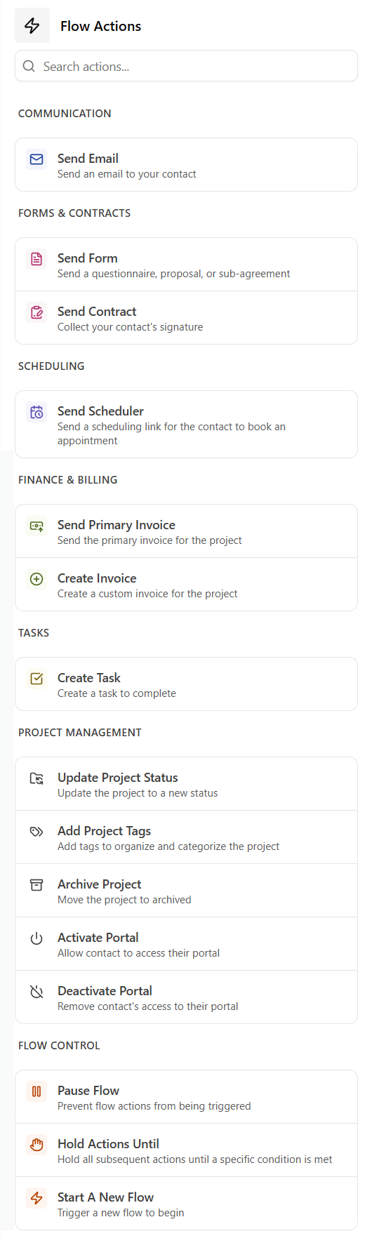 List of possible actions inside of Dubsado Flows
