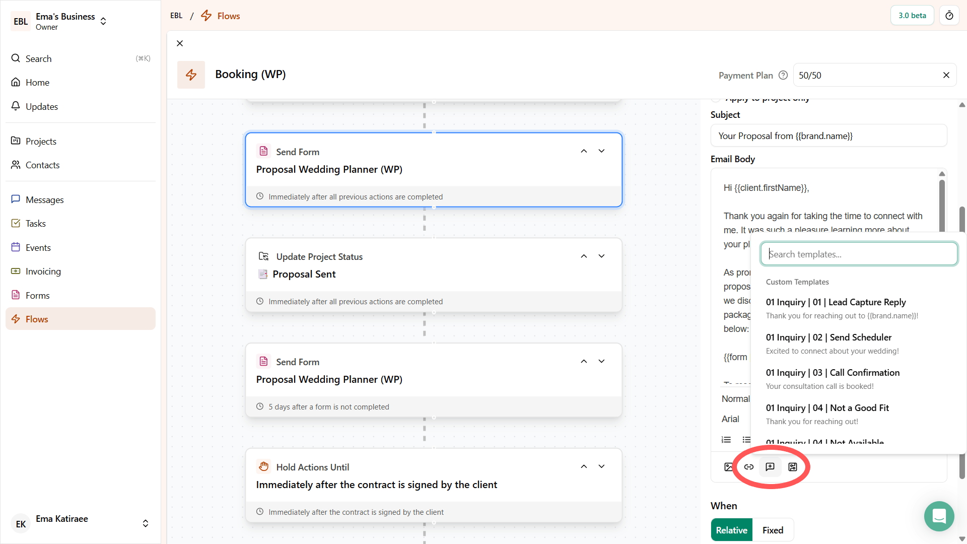 Where to select canned email inside of Dubsado's flow builder