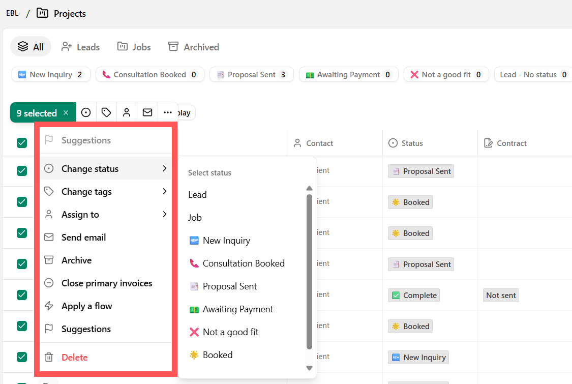 Dubsado 3.0 bulk actions menu on projects view