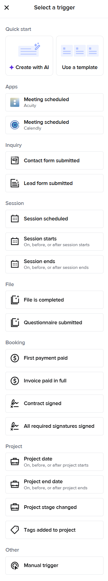 HoneyBook automation triggers list for service-based business workflows