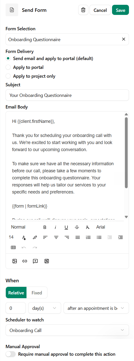 Send questionnaire link via an email in Dubsado