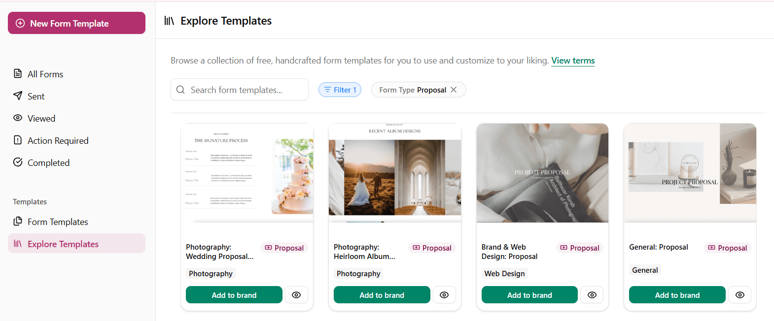 Dubsado Explore Templates under Forms
