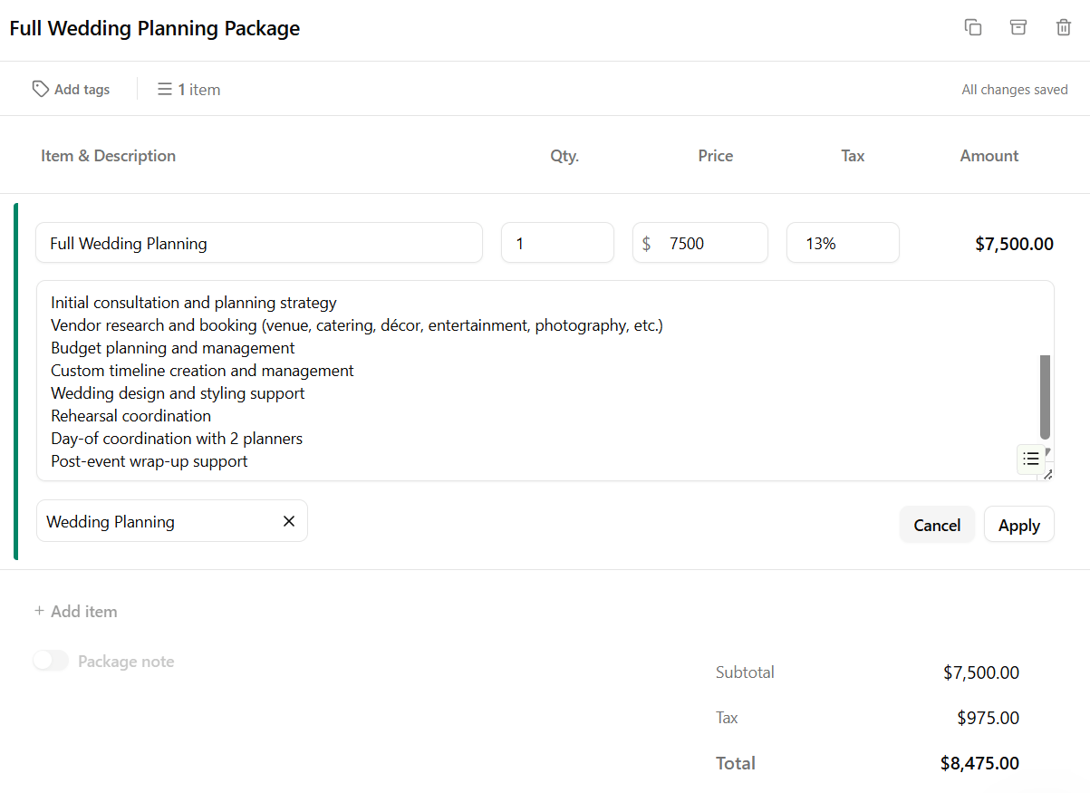 Package details in Dubsado