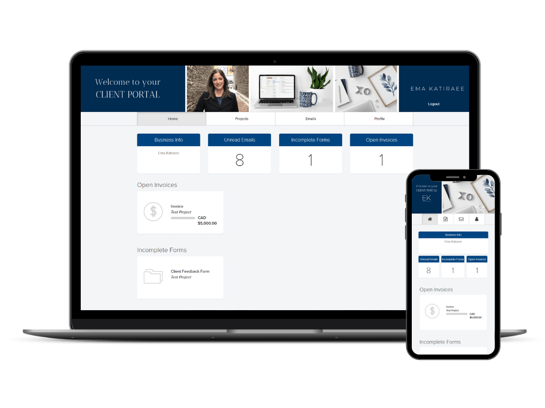 Dubsado client portal on desktop and mobile showing a branded hub for client contracts, invoices, and forms