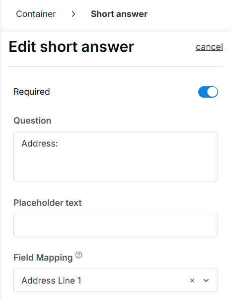 Dubsado form builder showing address fields connected to mapped fields for use in contracts