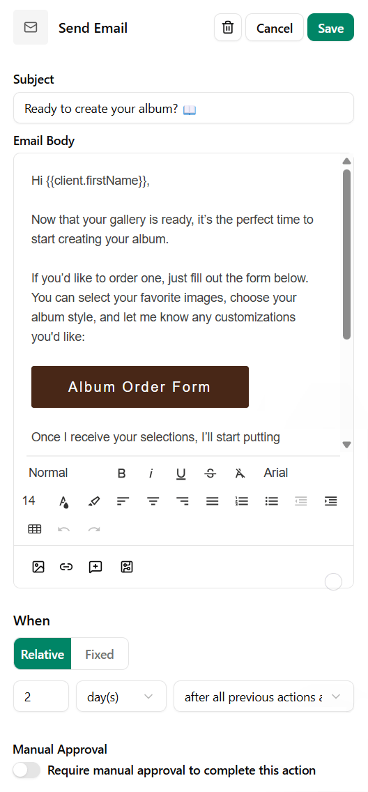 Post Session Workflow Send Album Form