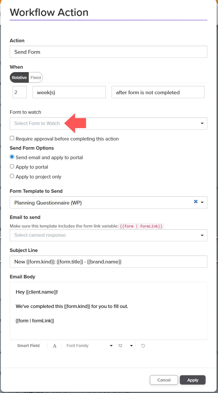 Workflow action Send Form - where to select form to watch to fix workflow error