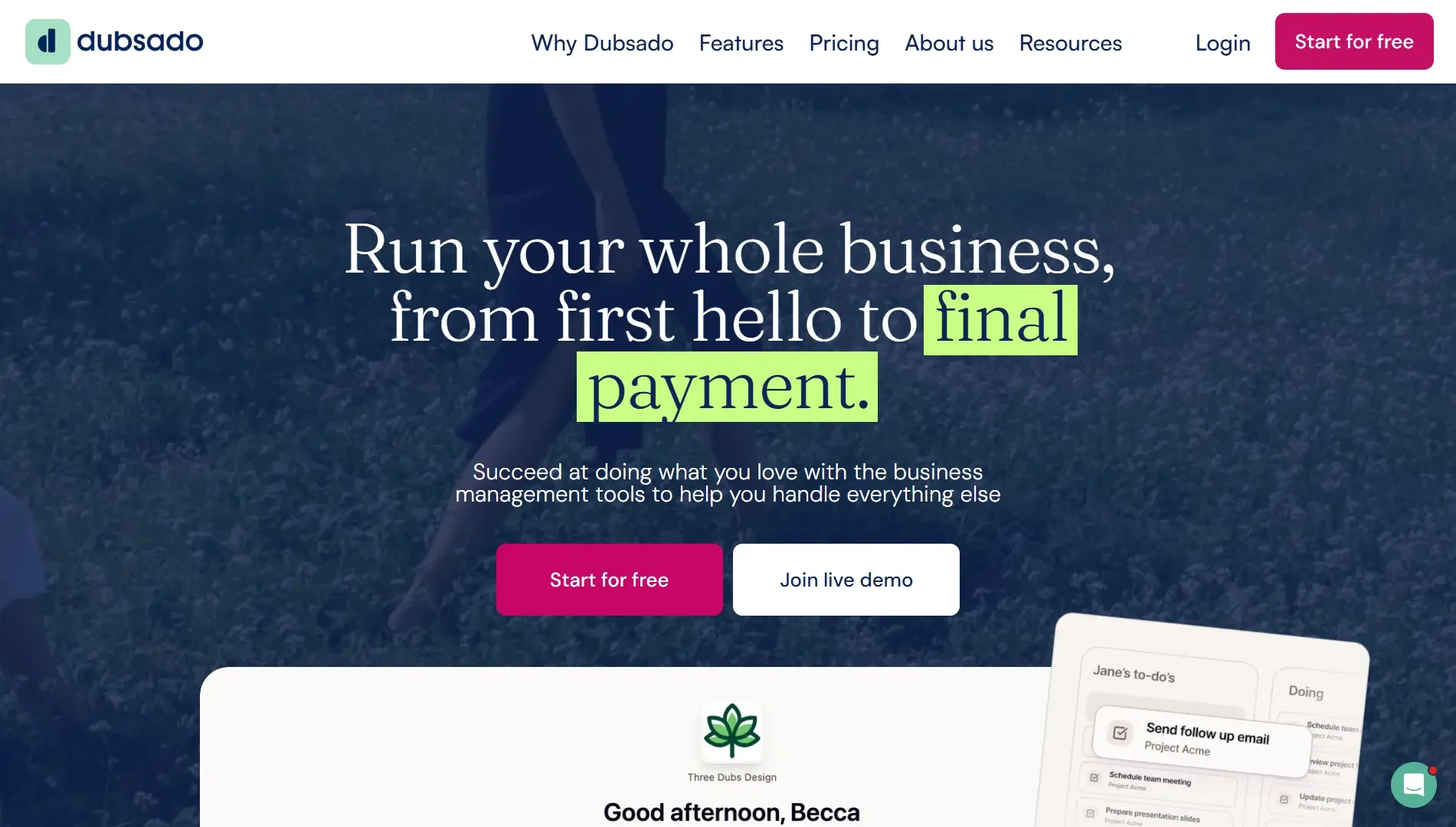 Dubsado homepage showing CRM software for service-based businesses