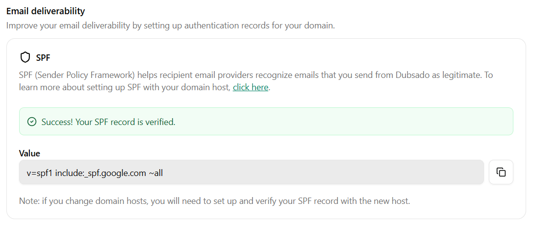 Dubsado Email Deliverability panel showing SPF record verified