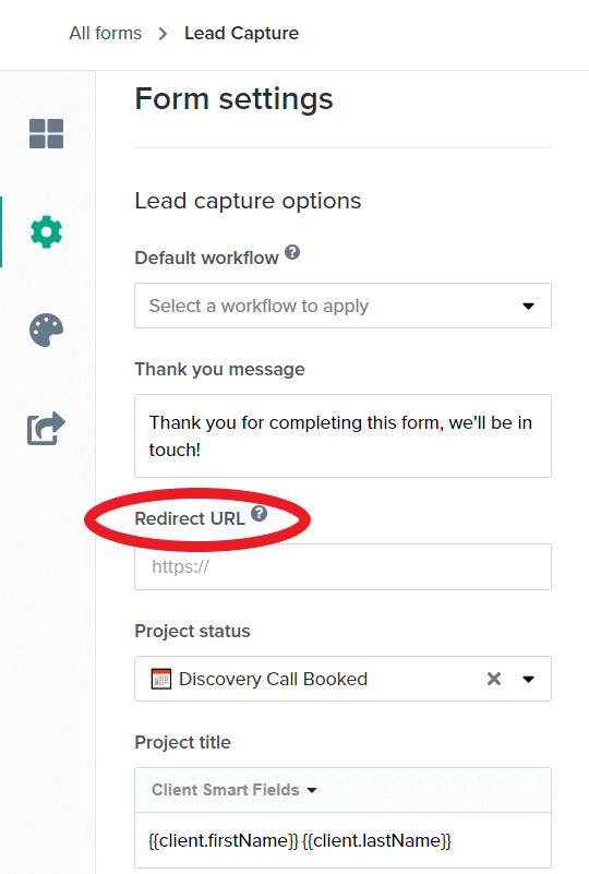Dubsado form Redirect URL