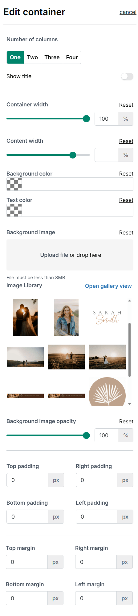 Dubsado form builder container settings panel showing options for number of columns, container width, content width, background color, background image, image opacity, padding, and margins