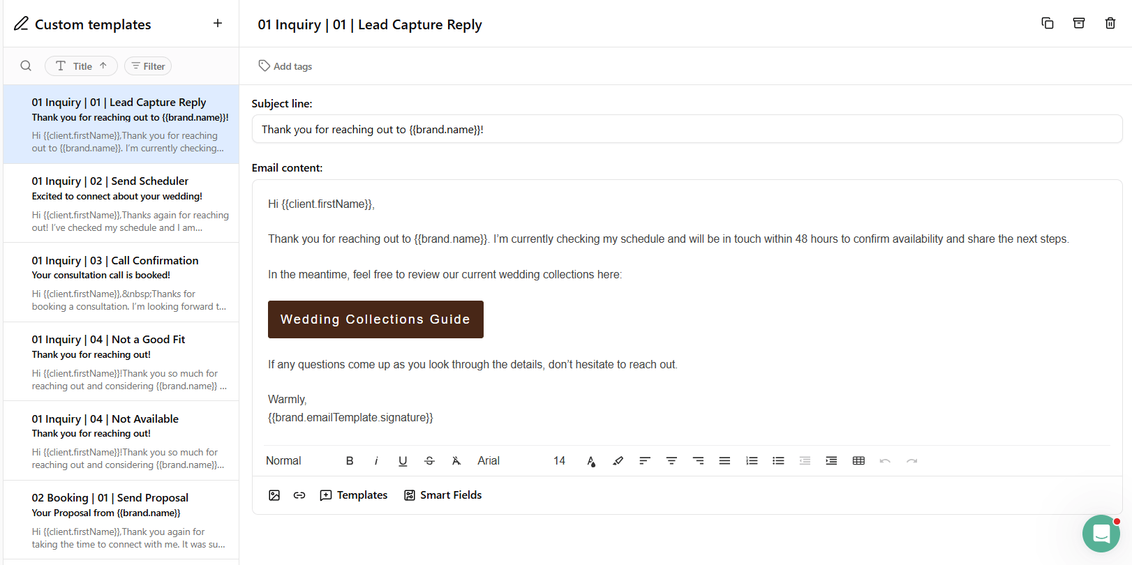 Dubsado canned email organization
