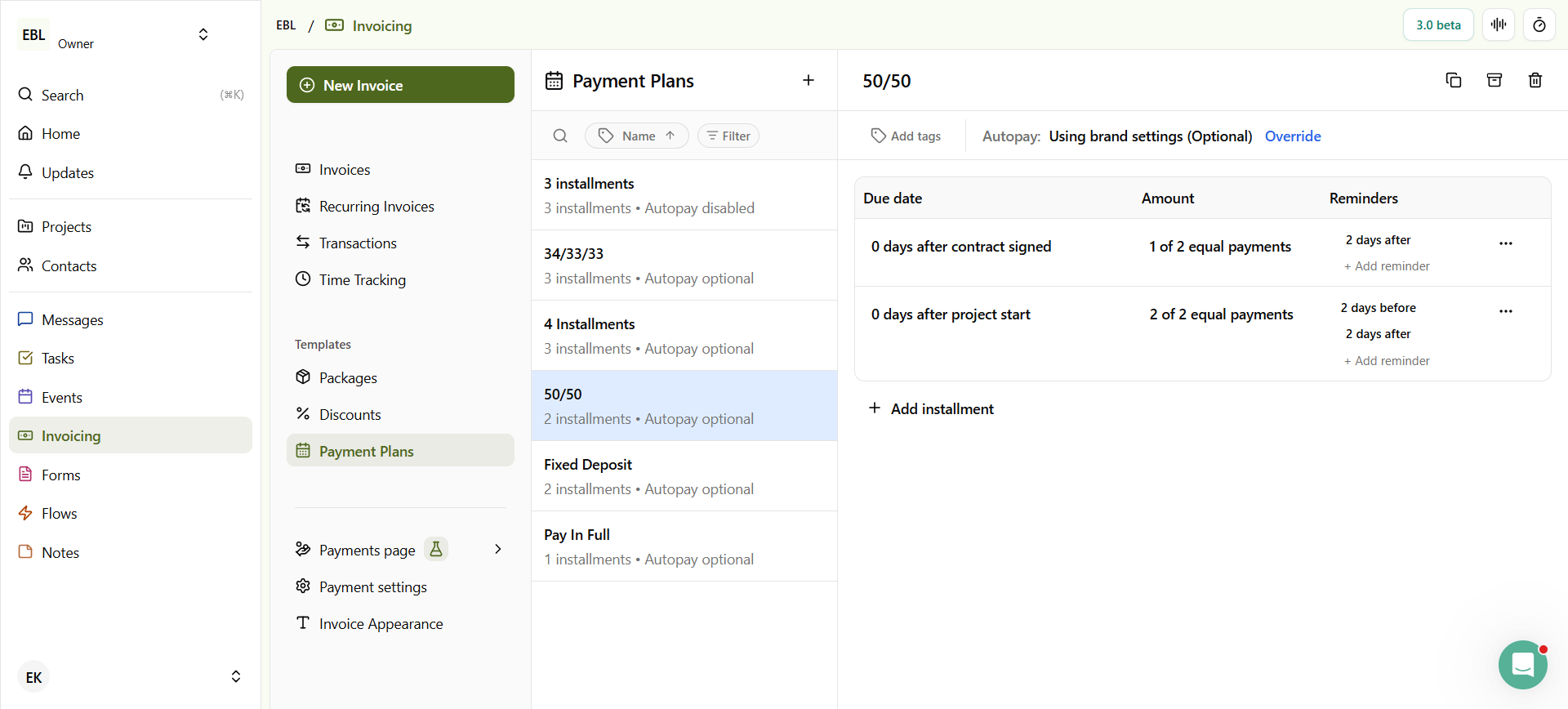 Payment Plans in Dubsado