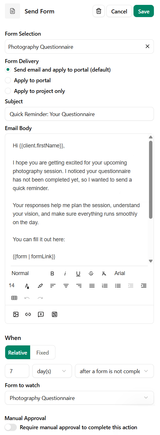Questionnaire reminder email