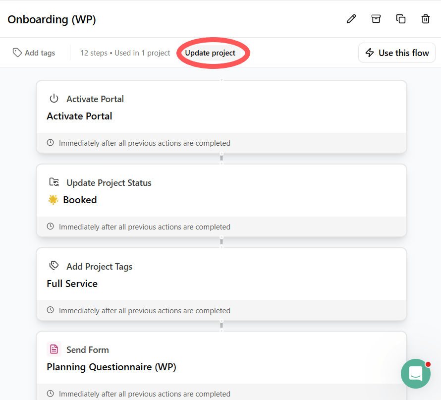 Update Project button in Dubsado Flows