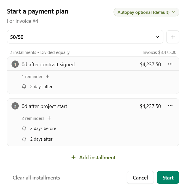 Make edits to invoice payment plan in Dubsado