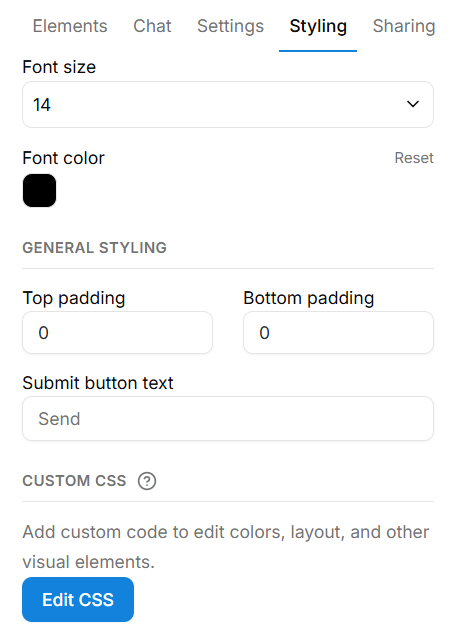 Dubsado form styling panel showing question styling options for font, font size, and font color, general styling padding options, and a custom CSS editor button