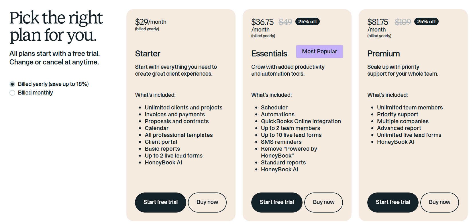 HoneyBook pricing page showing monthly costs for the Starter, Essentials, and Premium annual plans