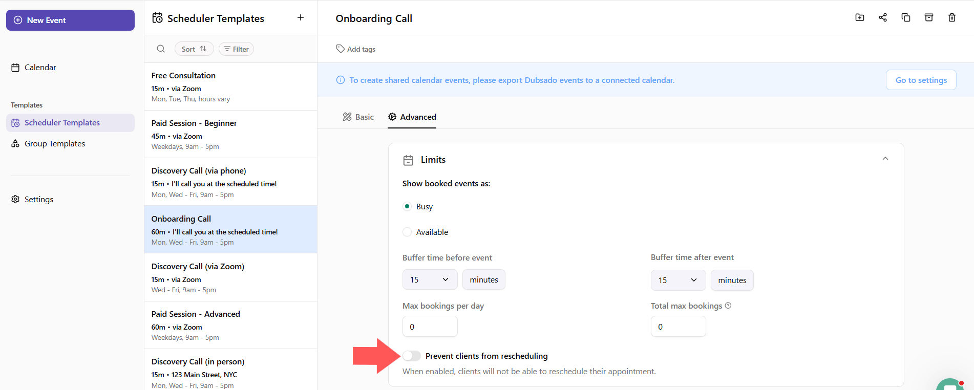 Dubsado 3.0 prevent client rescheduling setting in scheduler templates