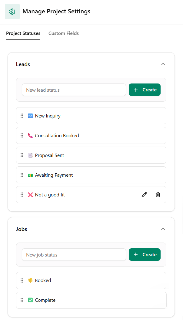 Example of Project Statuses in Dubsado