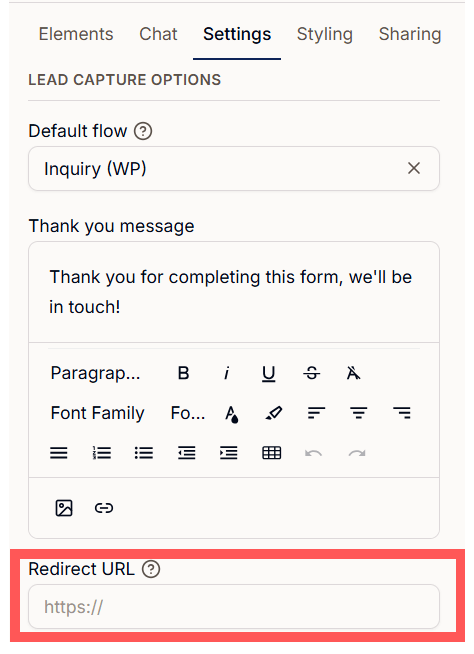 Where to include the redirect URL inside a Dubsado lead capture form
