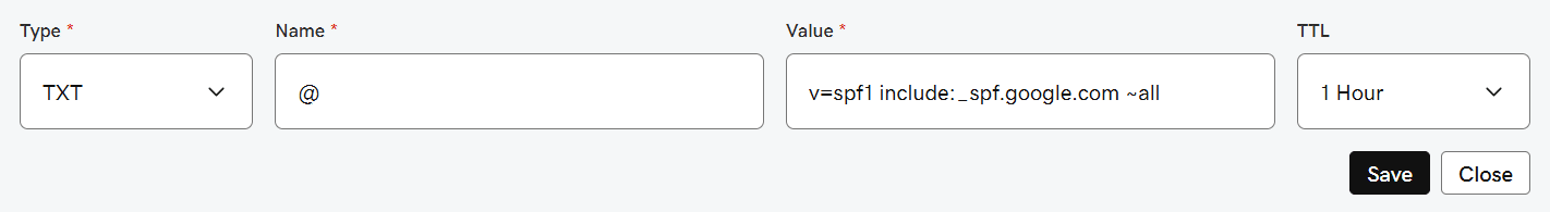 SPF TXT record for Google Workspace added in domain host DNS settings